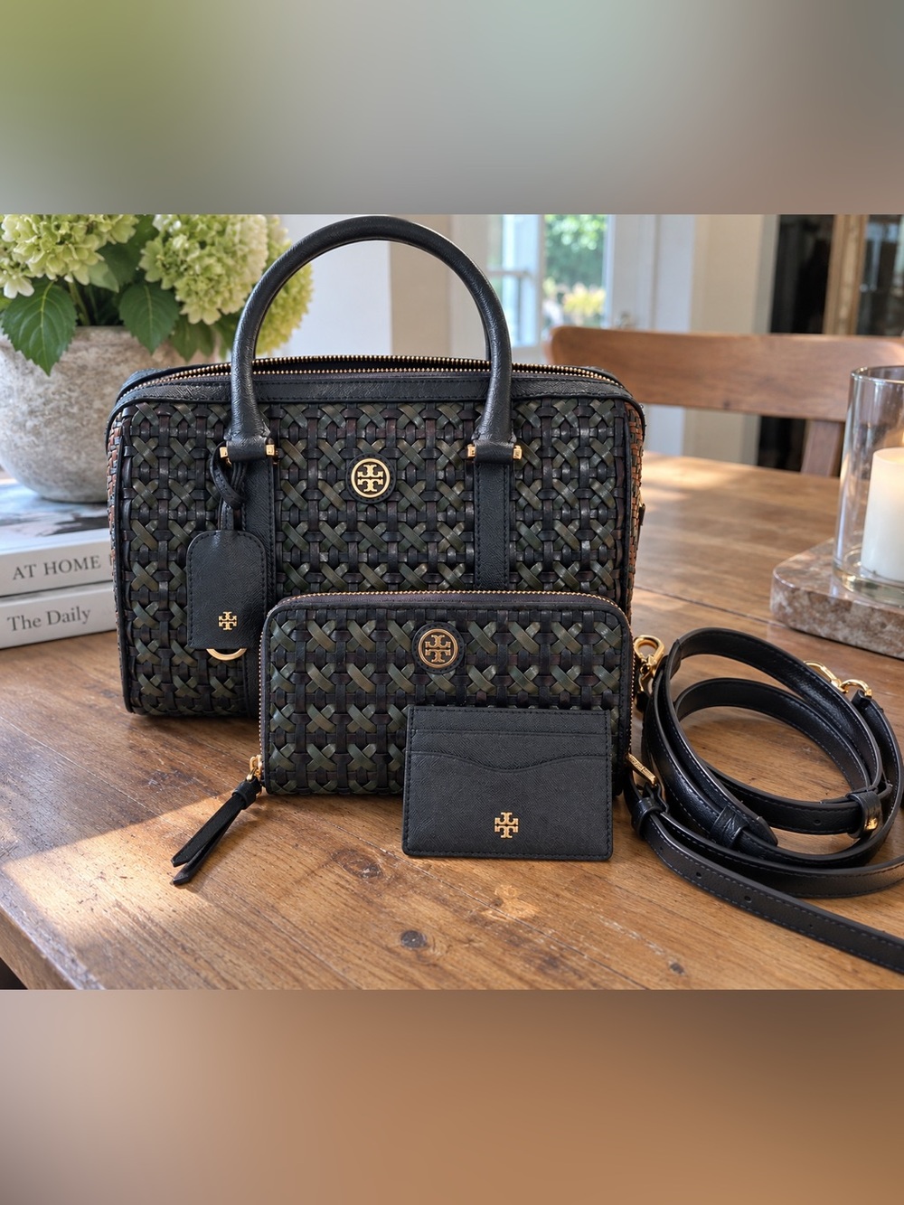 Tory Burch three pieces-Robinson leather crossbody bag woven leather